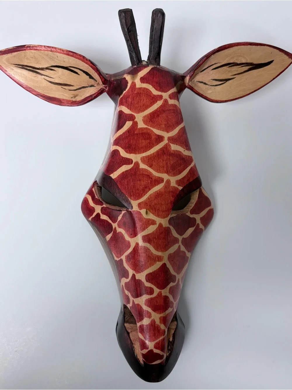 Hand-Carved Giraffe Wall Mask - Red & Cream Tribal Decor